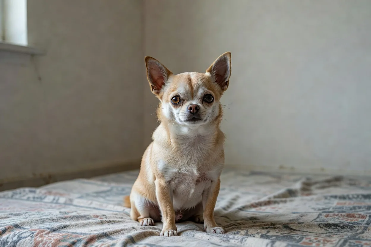 a Chihuahua sitting on a patterned blanket in a plainly furnished room