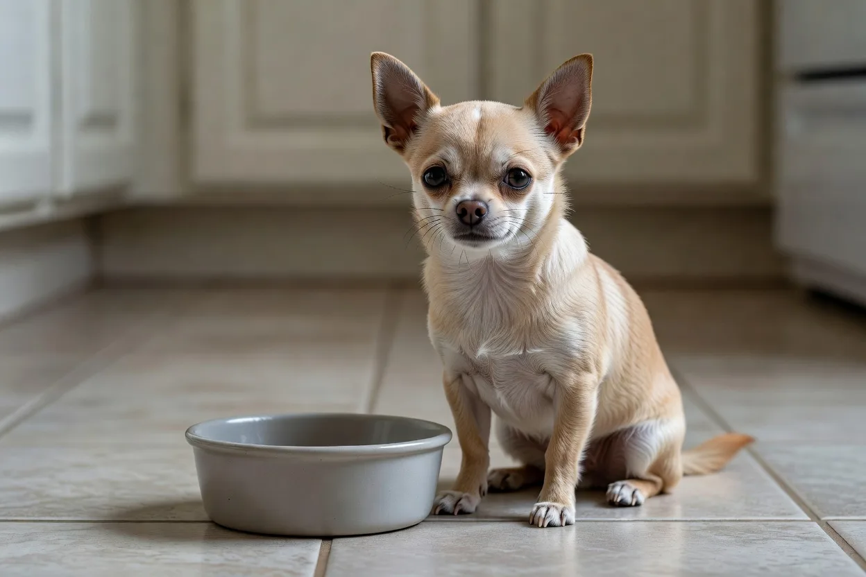 a Chihuahua beside a plain unbranded food bowl on a tiled kitchen floor