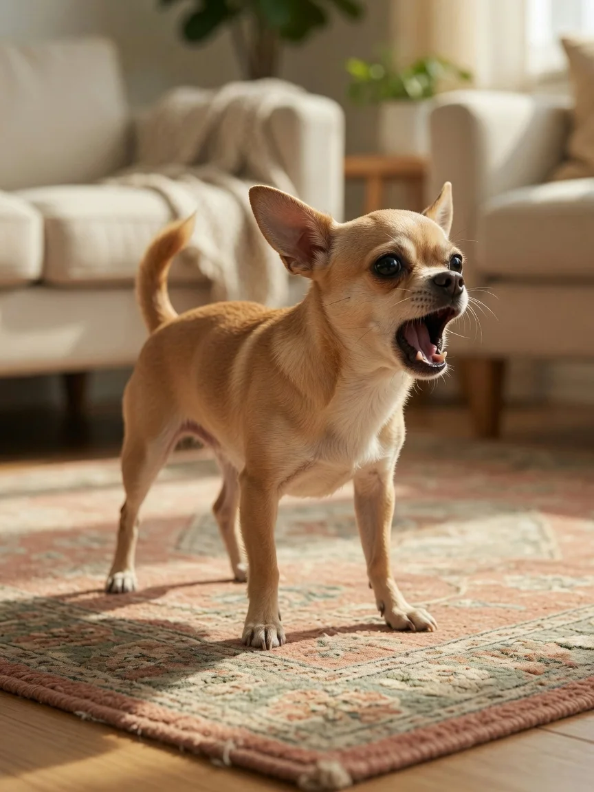 A small tan chihuahua mid-bark standing its ground on a rug