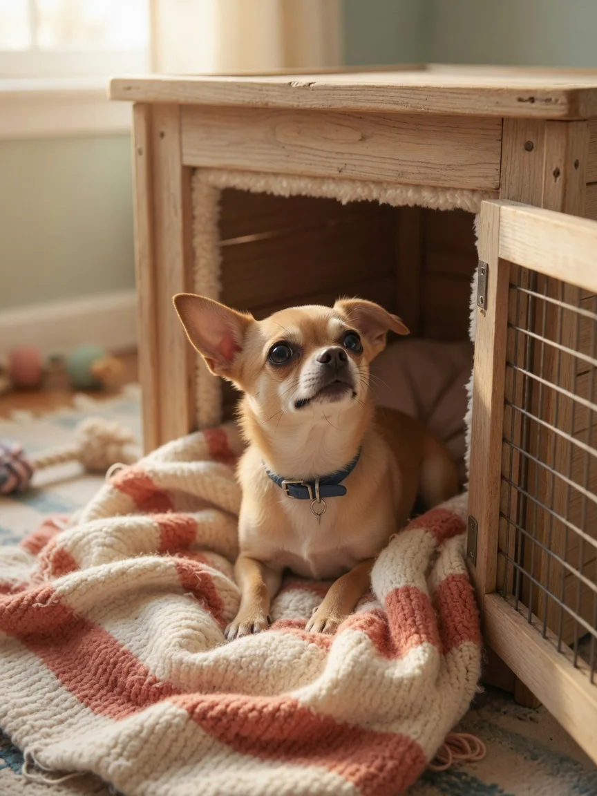 A small chihuahua looking hopefully from a cozy kennel with a blanket
