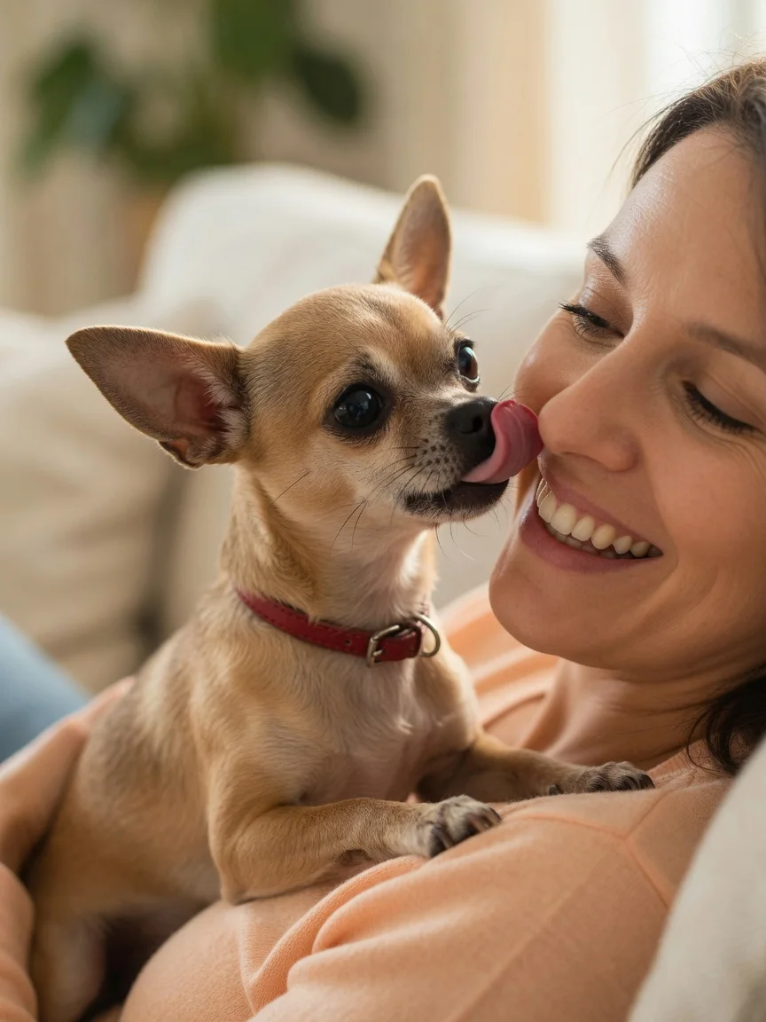 A small tan chihuahua licking the cheek of a smiling owner