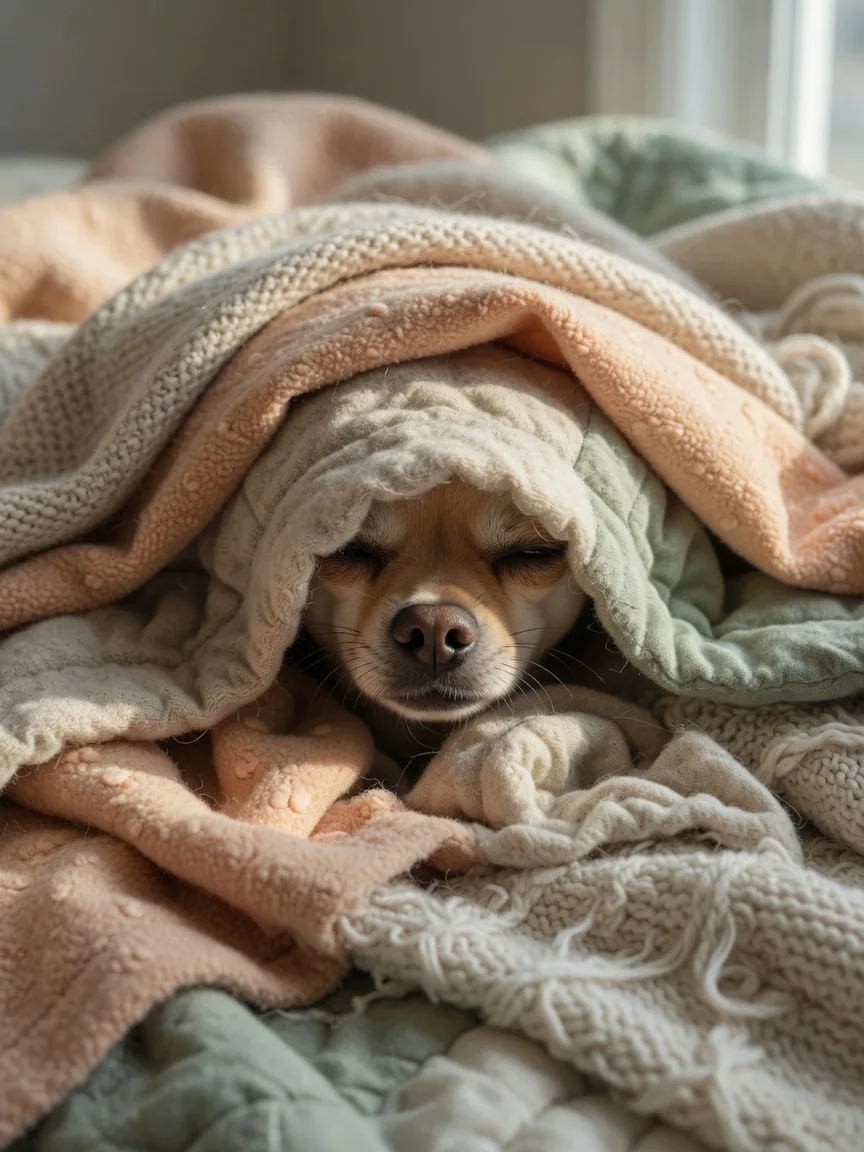 A small tan chihuahua tunneled under blankets with only its nose out