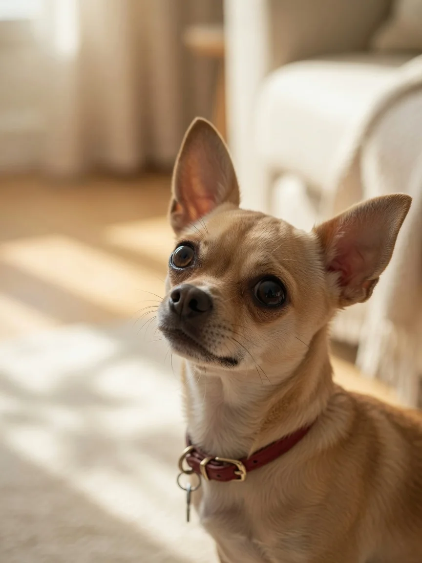 A small tan chihuahua with big pleading eyes looking up