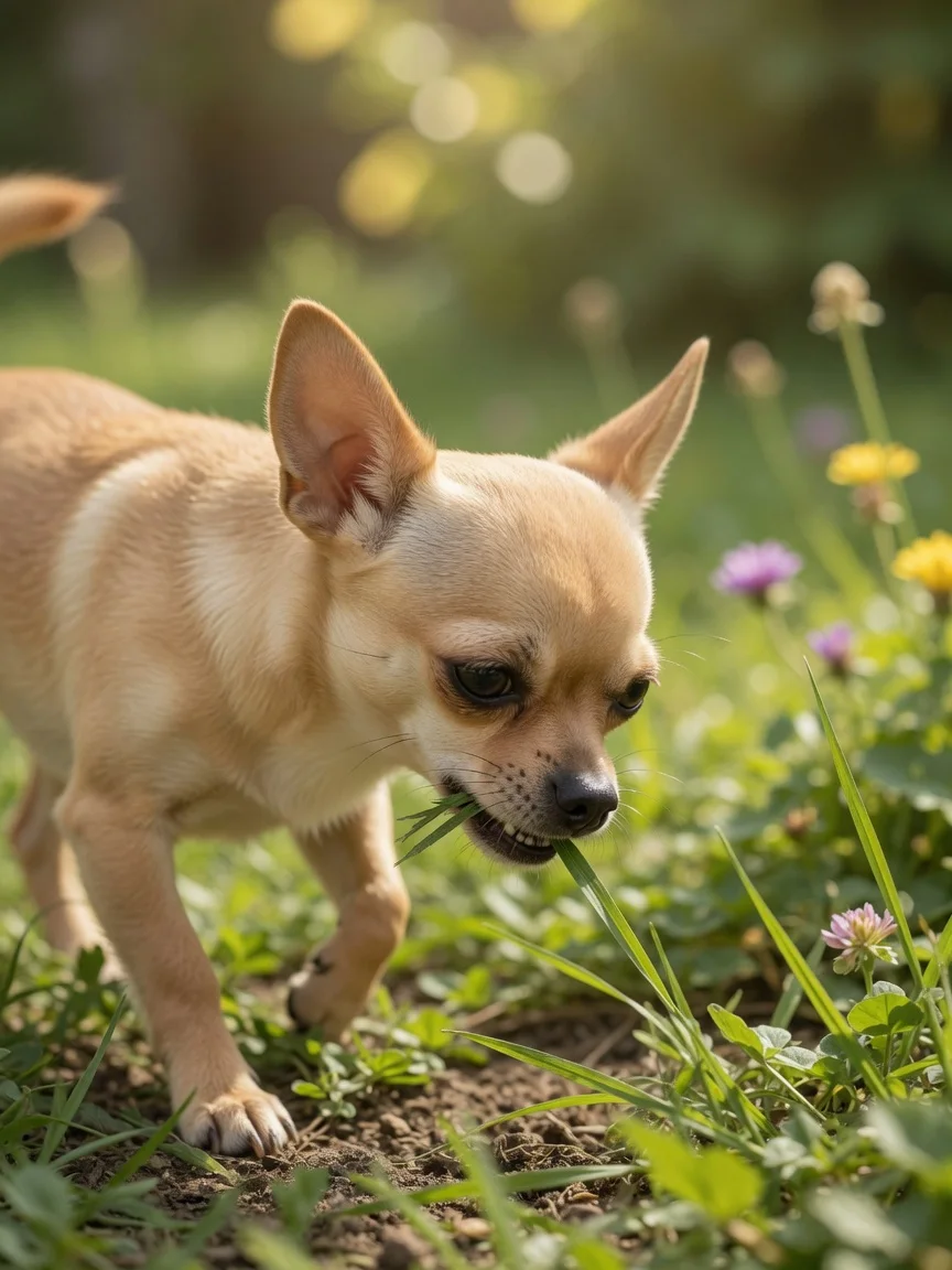 A small tan chihuahua nibbling a blade of grass in a garden