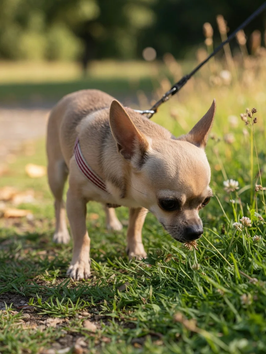 A small tan chihuahua sniffing grass on a walk