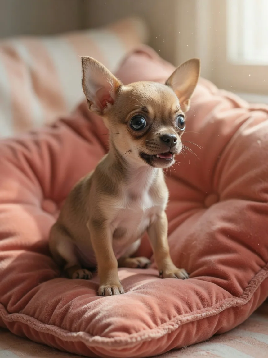 A chihuahua puppy with a surprised expression on a cushion