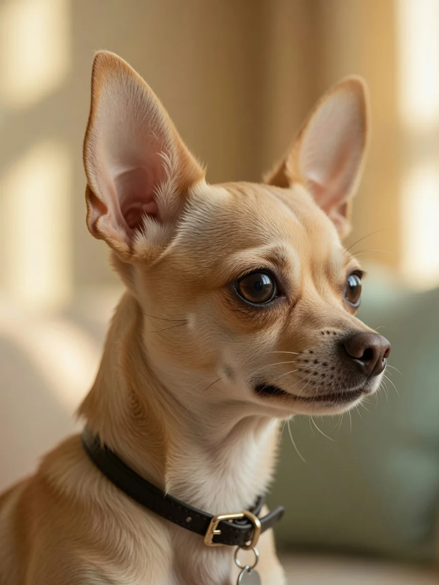 A small tan chihuahua with very large upright ears in close profile
