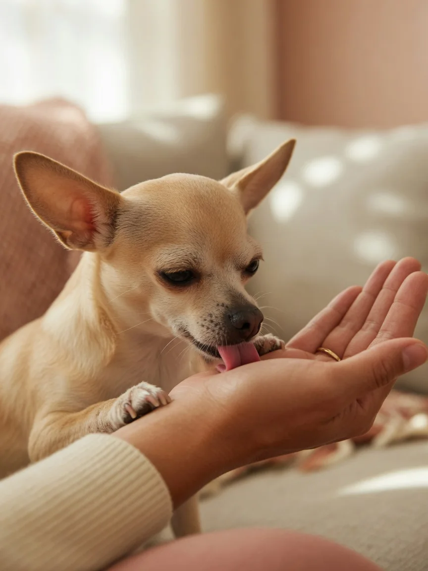 A small tan chihuahua licking the hand of its owner