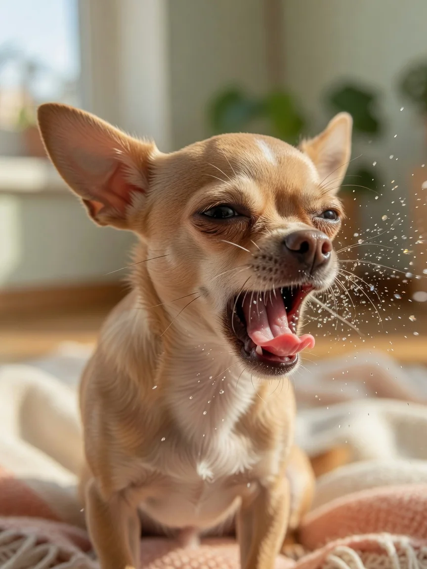 A small tan chihuahua mid-sneeze with a surprised look