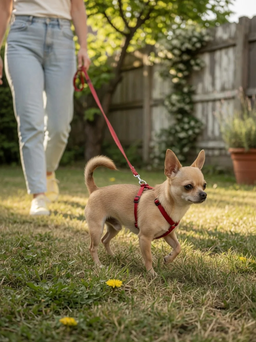 A small tan chihuahua trotting off with a person following in a yard