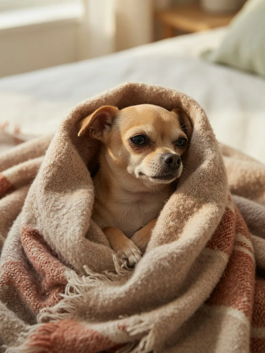 A small tan chihuahua wrapped snugly in a warm blanket