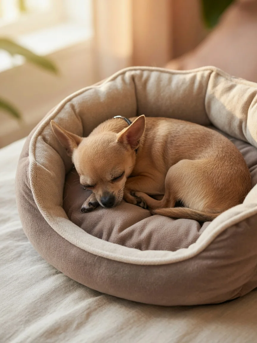 A small tan chihuahua curled asleep in a round donut bed