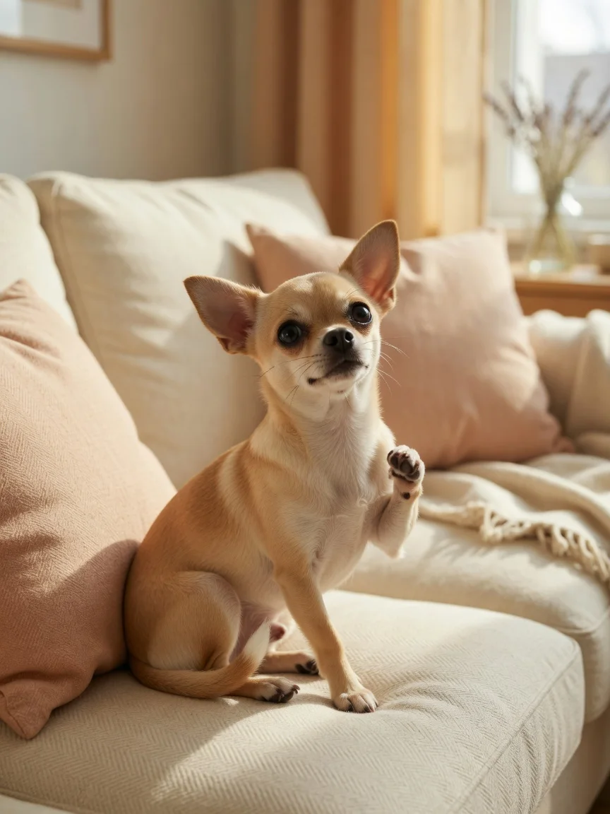 A small tan chihuahua looking innocent on a sofa
