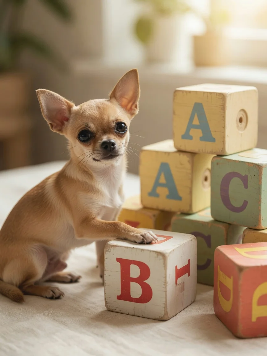 A small tan chihuahua beside large friendly alphabet blocks