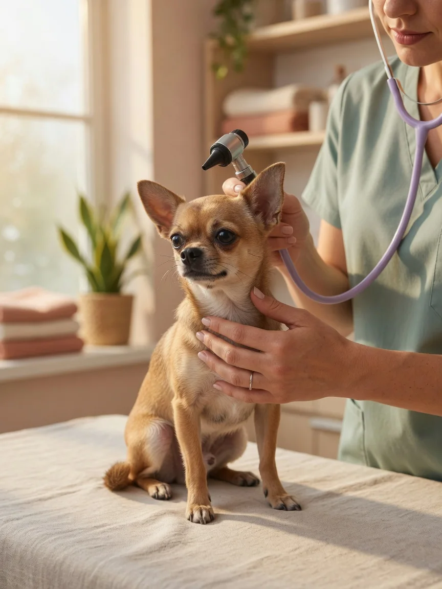 A small tan chihuahua being gently checked by a caring person