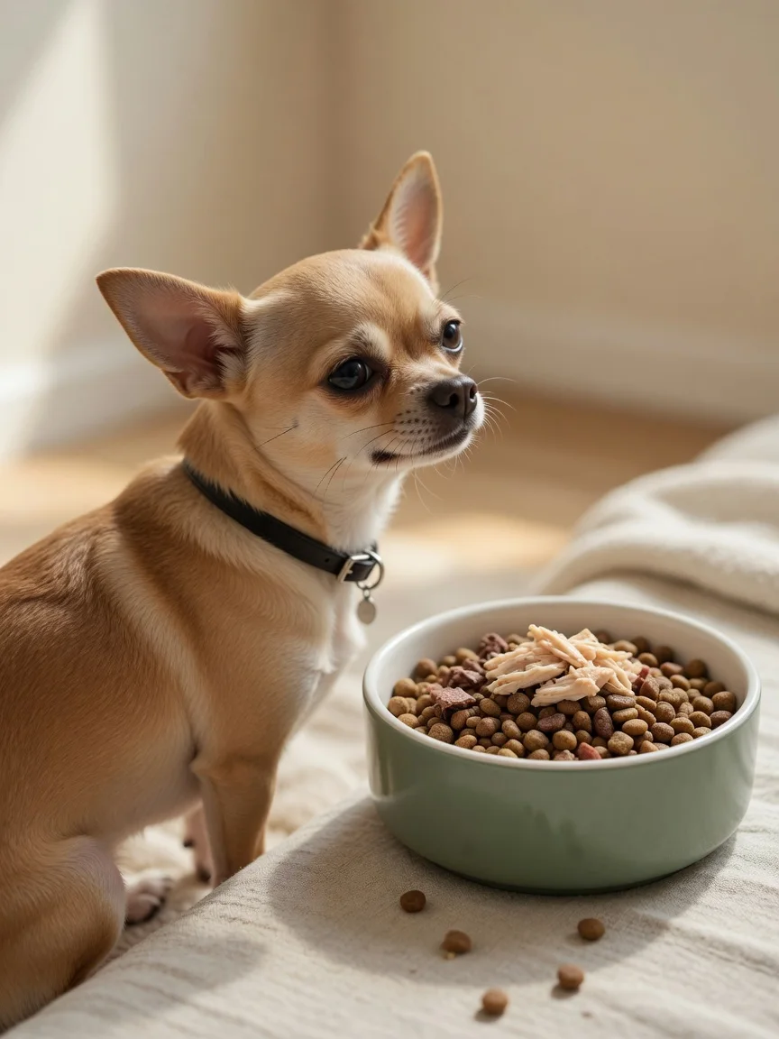 A small tan chihuahua turning its head away from a full food bowl