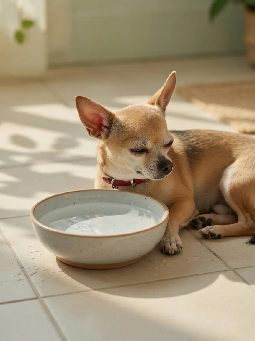 A small tan chihuahua resting quietly beside a water bowl