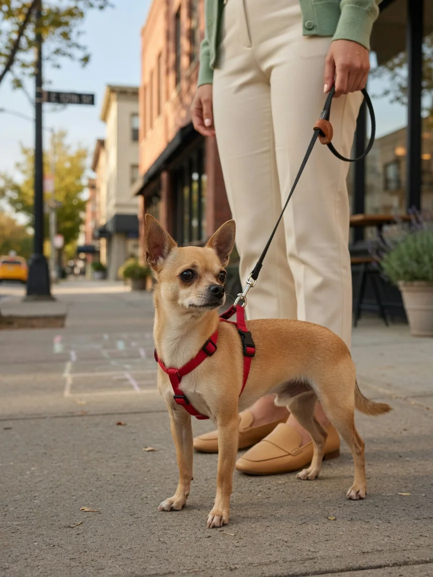 A small tan chihuahua safely leashed close to its owner in a city