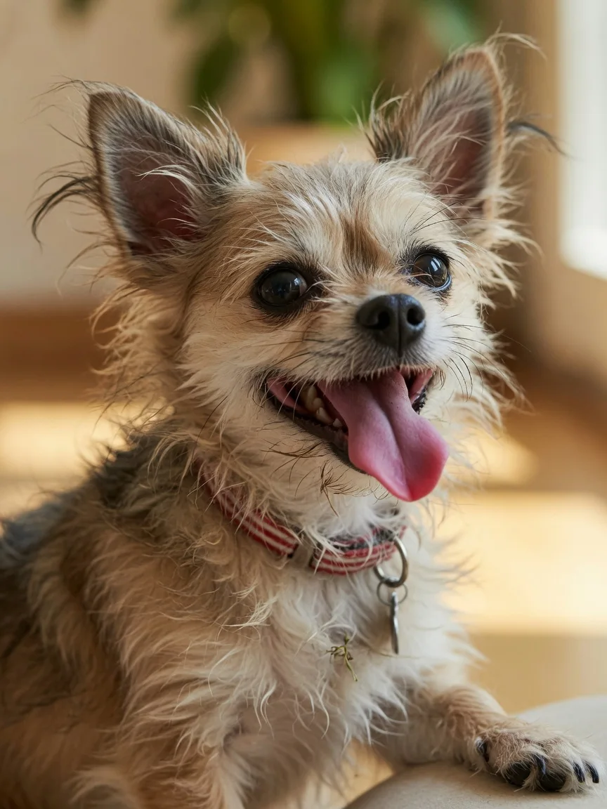 A scruffy endearing little dog with a lolling tongue